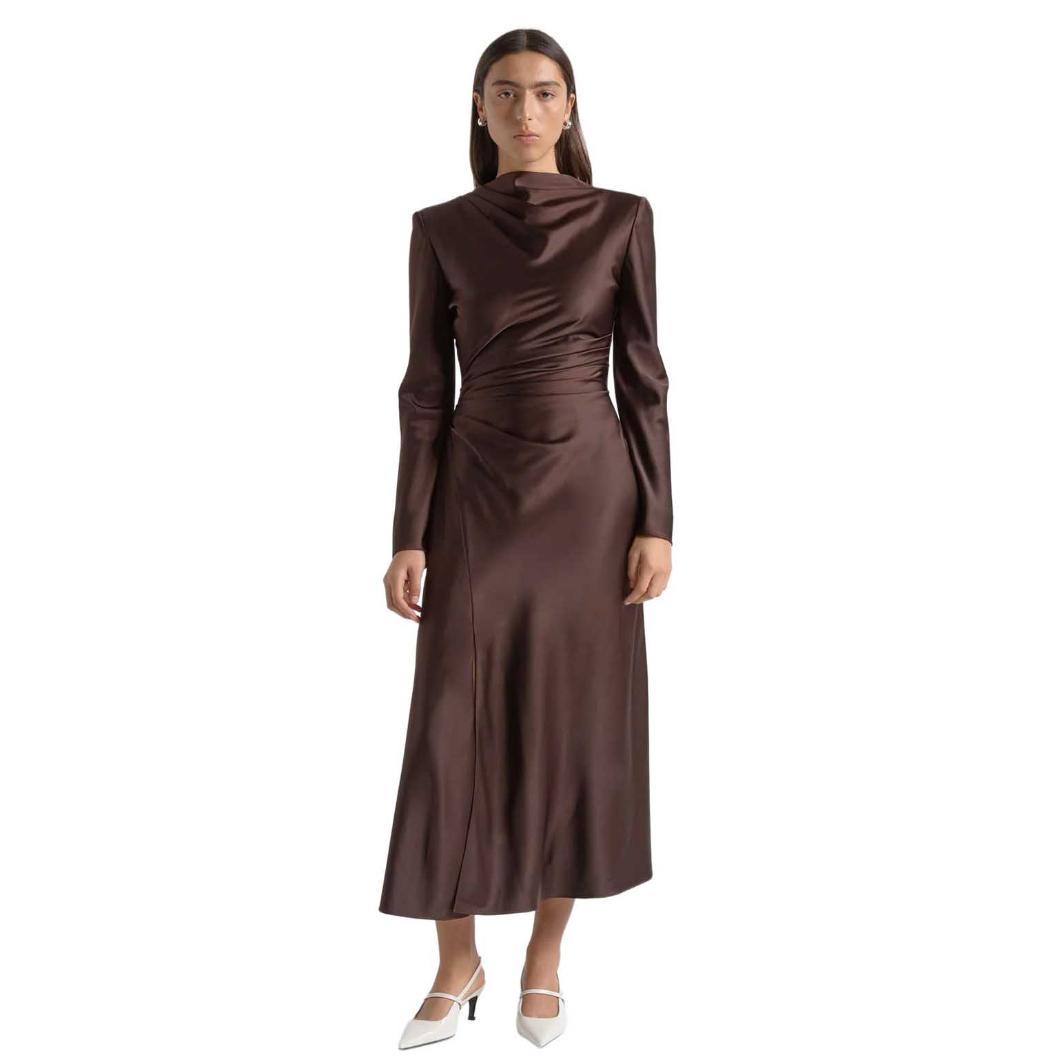 Cue Matte Satin Viscose Gathered Midi Dress